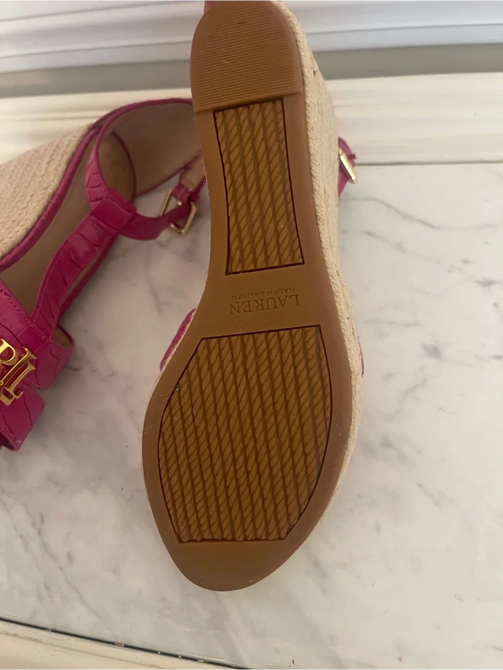 Ralph Lauren Hot Pink Croc-Embossed Espadrille Wedge Sandals with Gold RL Logo
